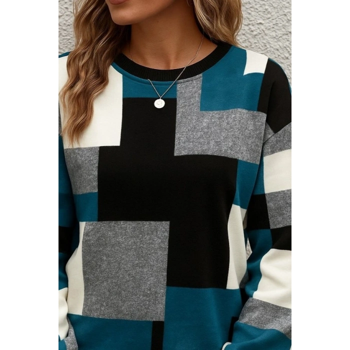Kadın Uzun Kollu Bisiklet Yaka Renkli Blok Baskı Dalgıç Bluz