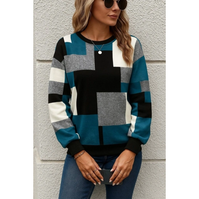 Kadın Uzun Kollu Bisiklet Yaka Renkli Blok Baskı Dalgıç Bluz