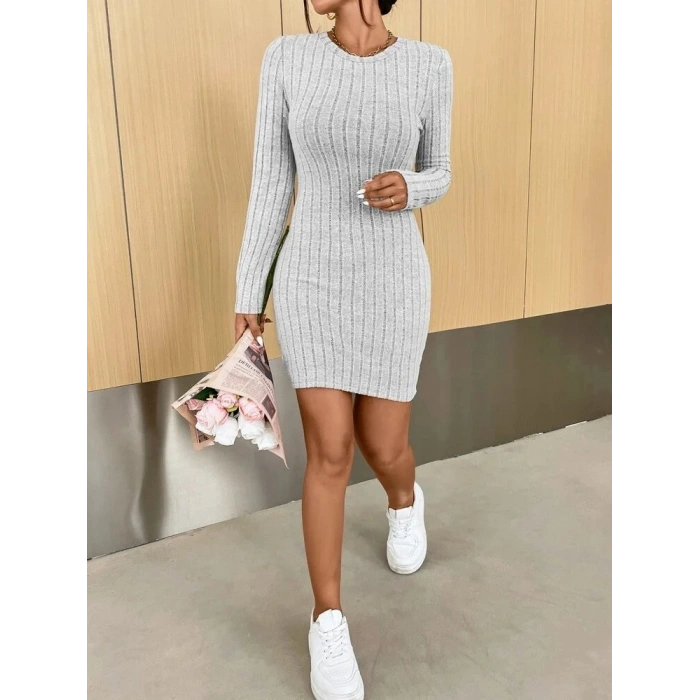 Kadın Uzun Kollu Bisiklet Yaka şardonlu Kalın Fitilli Kaşkorse Mini Boy Elbise