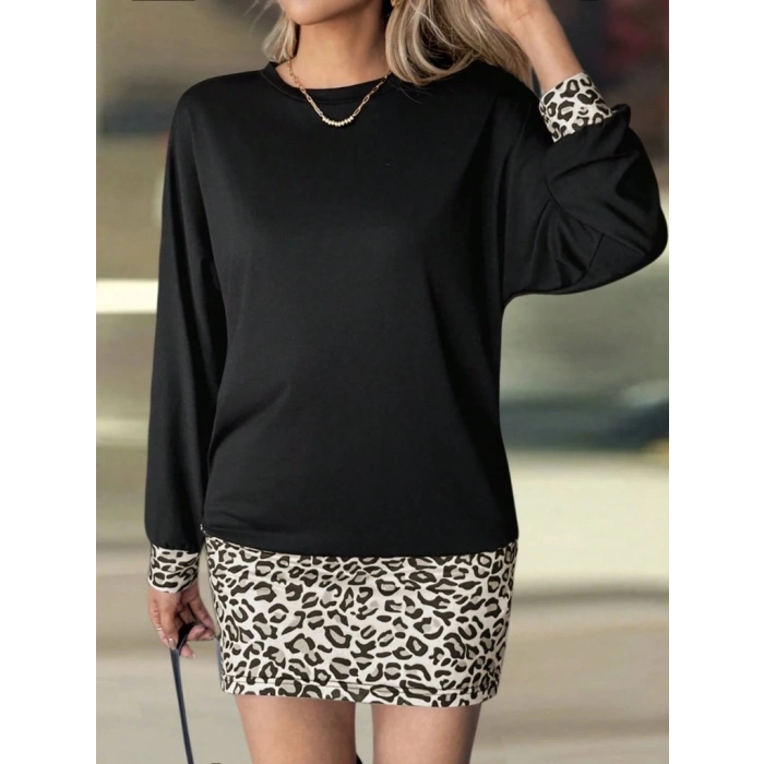 Kadın Uzun Kollu Bisiklet Yaka üst Viskon Iki Iplik Alt Leopar Desenli Mini Elbise
