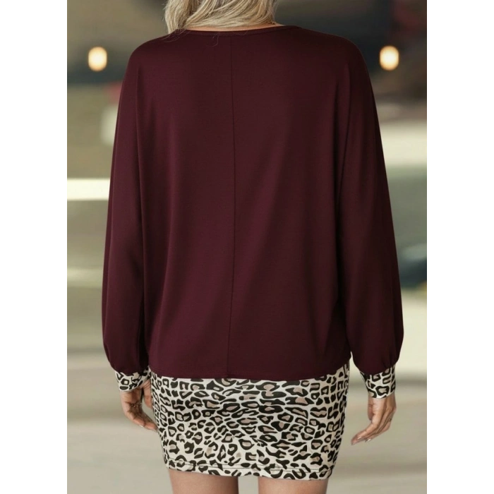 Kadın Uzun Kollu Bisiklet Yaka üst Viskon Iki Iplik Alt Leopar Desenli Mini Elbise