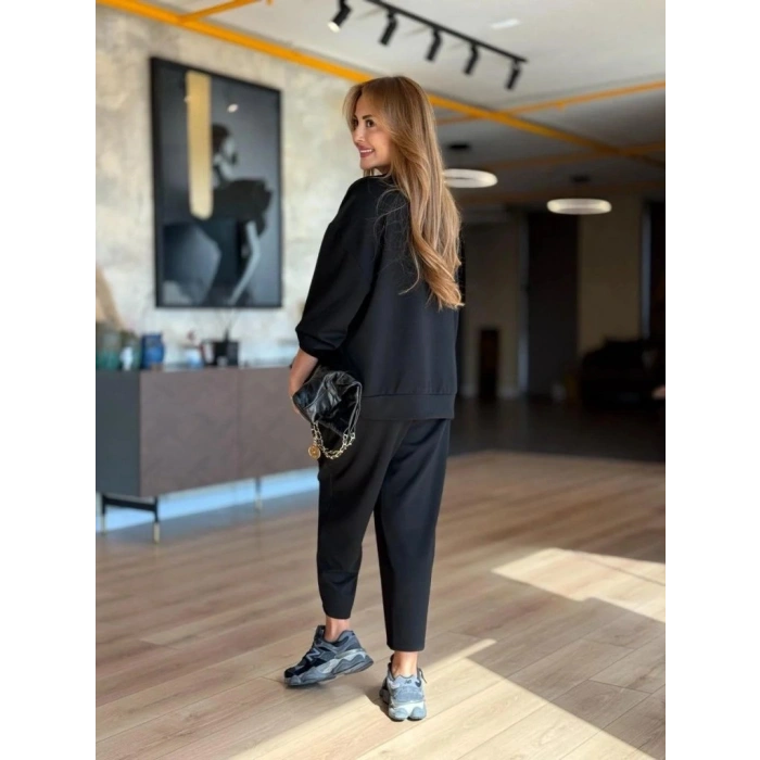 Kadın Uzun Kollu Bisiklet Yaka Viskon Iki Iplik Bluz Ve Pantolon Ikili Takım