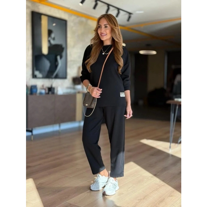 Kadın Uzun Kollu Bisiklet Yaka Viskon Iki Iplik Bluz Ve Pantolon Ikili Takım