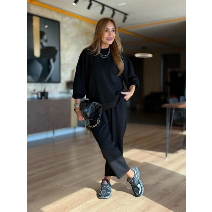 Kadın Uzun Kollu Bisiklet Yaka Viskon Iki Iplik Bluz Ve Pantolon Ikili Takım