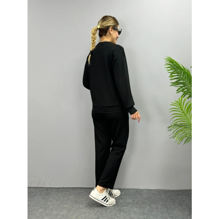 Kadın Uzun Kollu Bisiklet Yaka Viskon Iki Iplik Bluz Ve Pantolon Ikili Takım