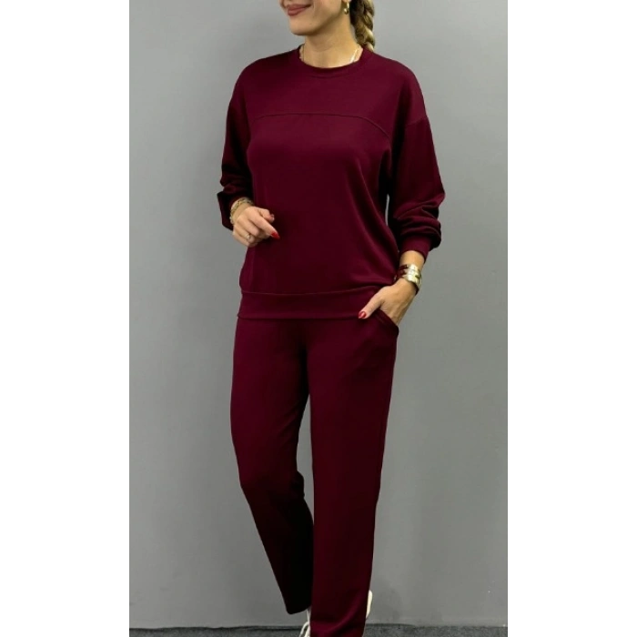 Kadın Uzun Kollu Bisiklet Yaka Viskon Iki Iplik Bluz Ve Pantolon Ikili Takım