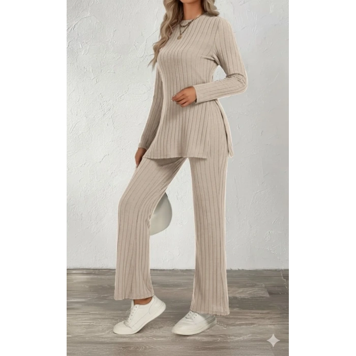 Kadın Uzun Kollu Bisiklet Yaka Yandan Yırtmaçlı şardonlu Kaşkorse Bluz Ve Pantolon Ikili Takım