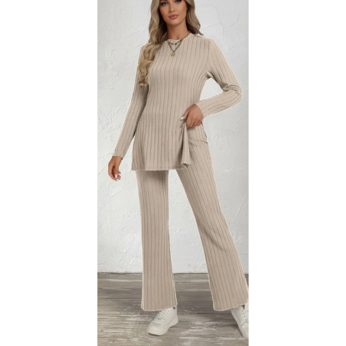 Kadın Uzun Kollu Bisiklet Yaka Yandan Yırtmaçlı şardonlu Kaşkorse Bluz Ve Pantolon Ikili Takım