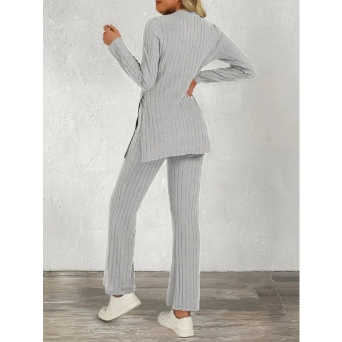 Kadın Uzun Kollu Bisiklet Yaka Yandan Yırtmaçlı şardonlu Kaşkorse Bluz Ve Pantolon Ikili Takım