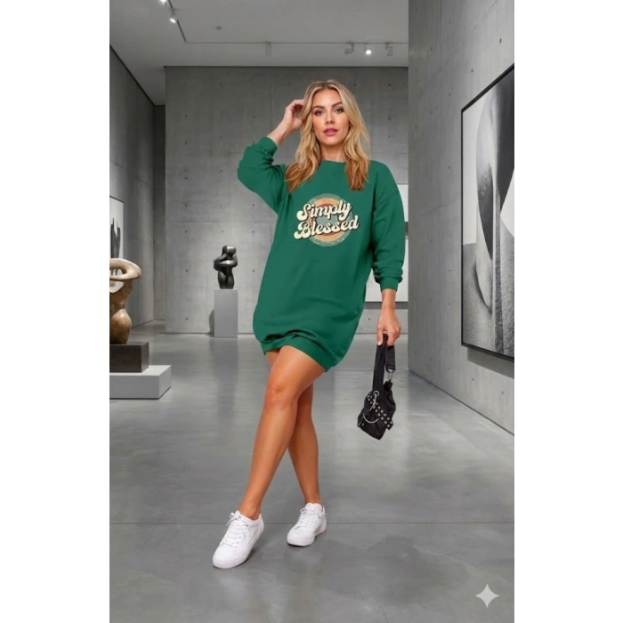 Kadın Uzun Kollu Bisiklet Yaka Yazılı Viskon Iki Iplik Elbise