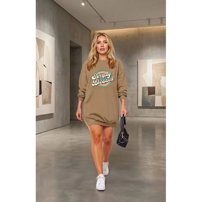 Kadın Uzun Kollu Bisiklet Yaka Yazılı Viskon Iki Iplik Elbise