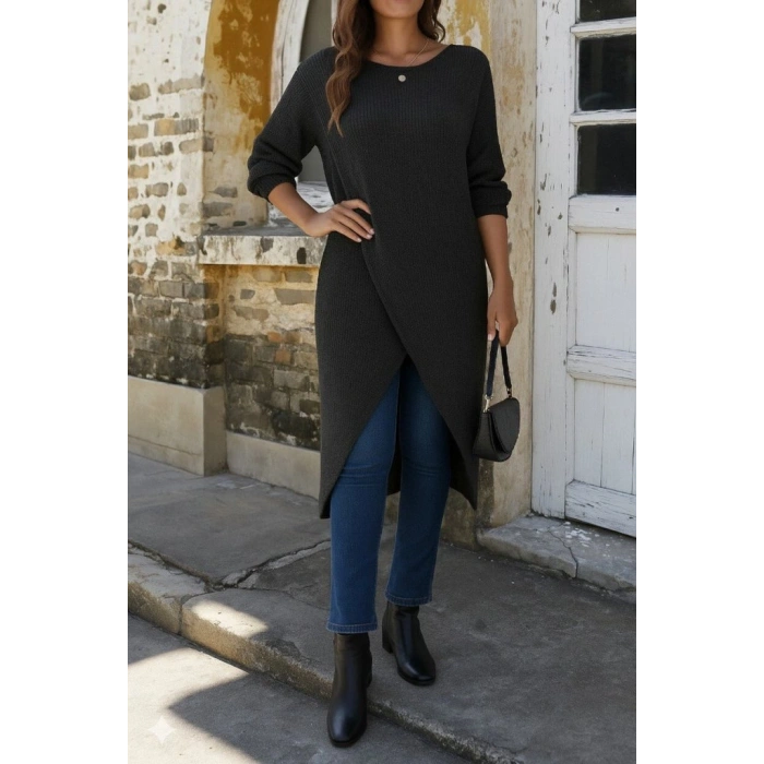 Kadın Uzun Kollu Bisiklet Yakalı önden çapraz Kesim Detaylı Midi Triko Elbise