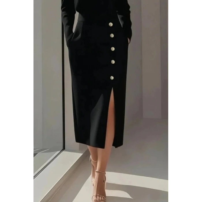 Kadın Uzun Kollu Bisiklet Yakalı Yandan Yırtmaçlı Düğmeli Midi Ithal Krep Elbise