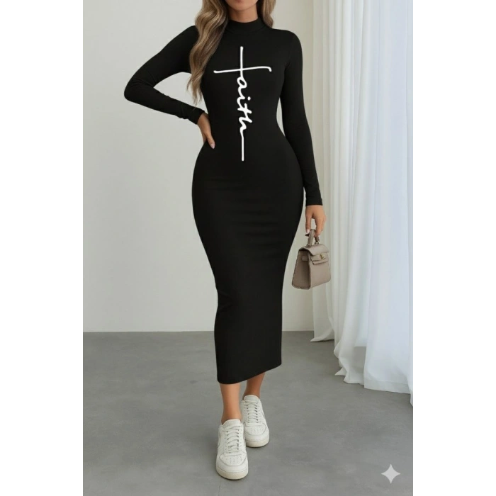 Kadın Uzun Kollu Boğazlı Baskı Detaylı Viskon Tam Boy Elbise