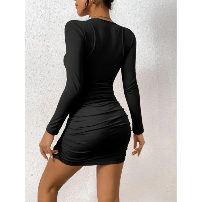 Kadın Uzun Kollu çapraz Dekolte Detaylı Mini Sandy Elbise