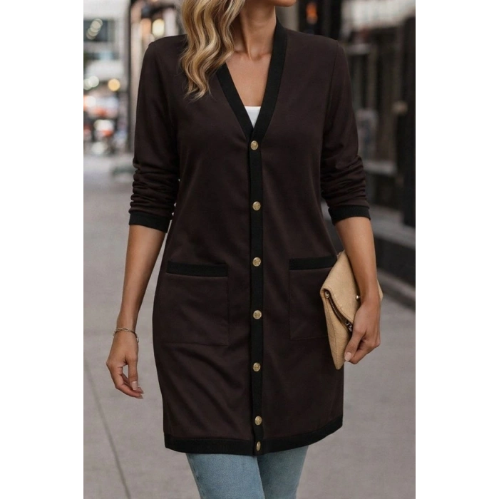 Kadın Uzun Kollu Cepli önden Düğmeli Uzun Modal Ceket Hırka