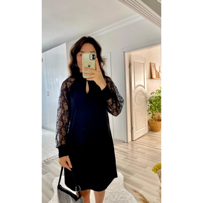 Kadın Uzun Kollu Damla Detaylı Sandy Mini Elbise