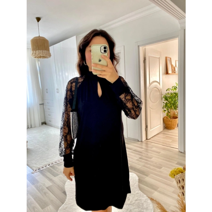 Kadın Uzun Kollu Damla Detaylı Sandy Mini Elbise