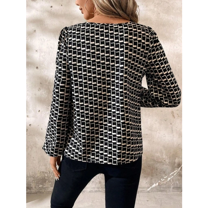 Kadın Uzun Kollu Damla Detaylı Yaka Desenli Süprem Bluz
