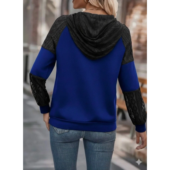 Kadın Uzun Kollu Dantelli Kapşonlu Viskon Iki Iplik Bluz