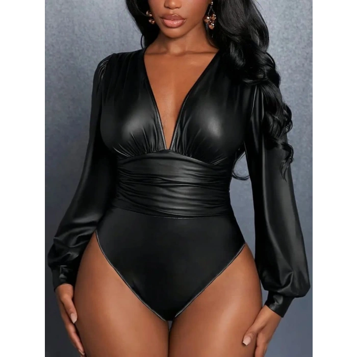 Kadın Uzun Kollu Derin V Yakalı Deri Zıbın