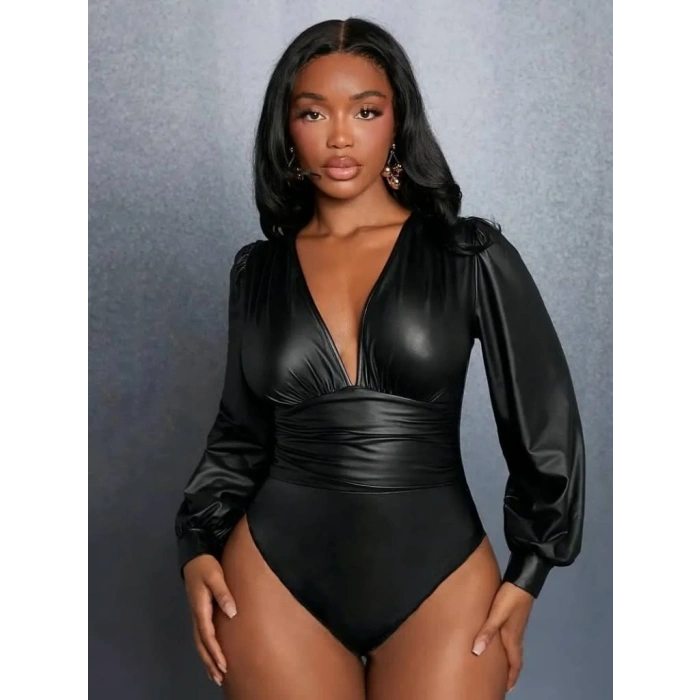 Kadın Uzun Kollu Derin V Yakalı Deri Zıbın