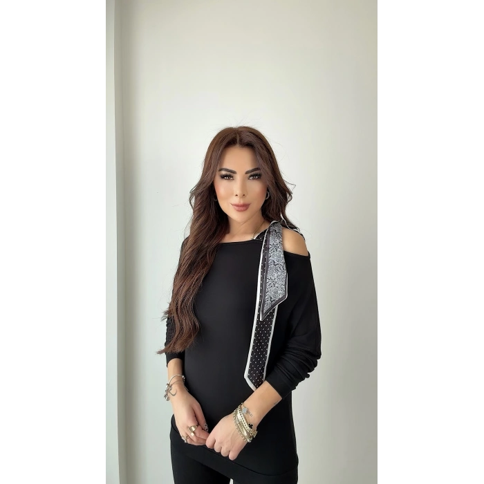 Kadın Uzun Kollu Fular Detay çilek Kumaş Bluz