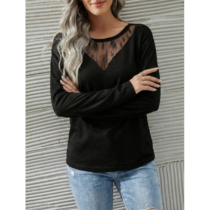 Kadın Uzun Kollu Geniş Yuvarlak Yaka Dantelli Viskon Iki Iplik Bluz