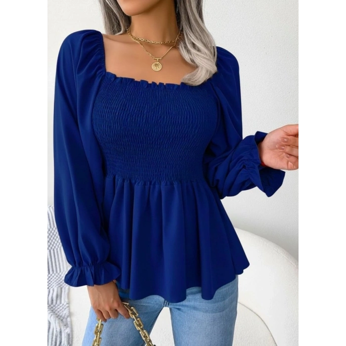 Kadın Uzun Kollu Geometrik Yakalı Gipe Detaylı Krep Bluz