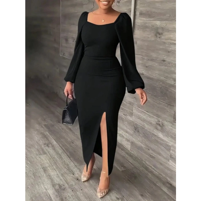 Kadın Uzun Kollu Geometrik Yakalı Yandan Yırtmaçlı Uzun Janjan Krep Elbise