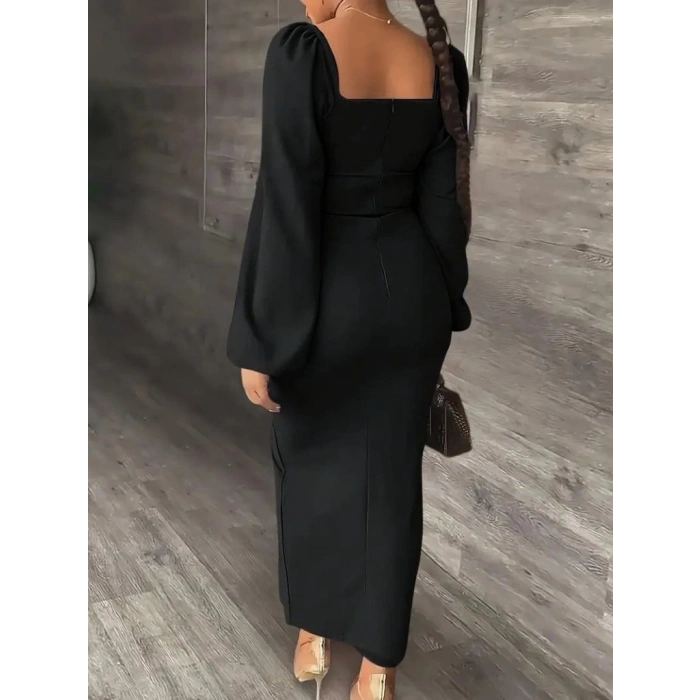 Kadın Uzun Kollu Geometrik Yakalı Yandan Yırtmaçlı Uzun Janjan Krep Elbise