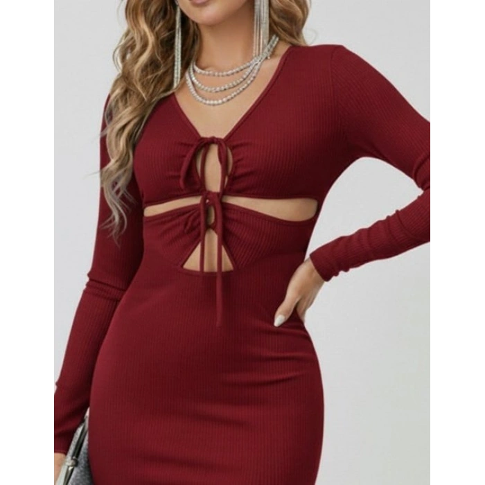 Kadın Uzun Kollu Göğüs Ve Göbek Dekolte Detay Sandy Midi Boy Elbise