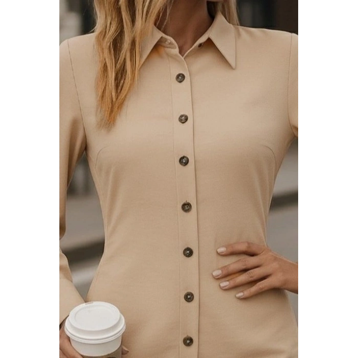 Kadın Uzun Kollu Gömlek Yaka önden Düğmeli Yanlardan Büzgülü Kısa Aerobin Elbise