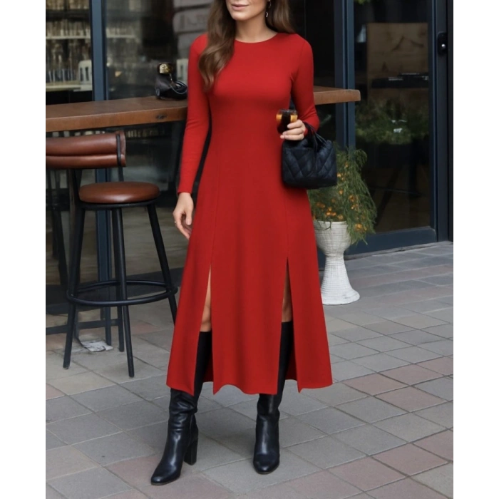 Kadın Uzun Kollu Hafif Kayık Yaka Sırt Dekolteli Yırtmaç Detaylı Viskon Tam Boy Elbise