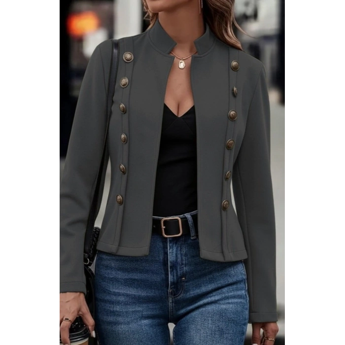 Kadın Uzun Kollu Hakim Yaka Yanlardan Düğmeli Kısa Süet Ceket