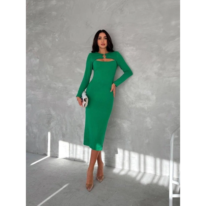Kadın Uzun Kollu Halka Ve Pencere Dekolte Detay Fırsat ürün Midi Boy Elbise