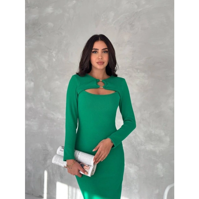 Kadın Uzun Kollu Halka Ve Pencere Dekolte Detay Fırsat ürün Midi Boy Elbise