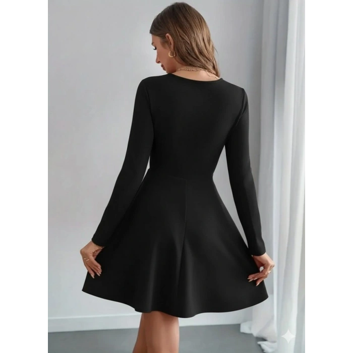 Kadın Uzun Kollu Inci Yakalı Kısa Ithal Krep Elbise