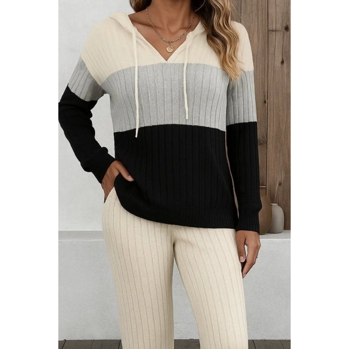 Kadın Uzun Kollu Kapşonlu Bağcıklı Blok Renkli şardonlu Kaşkorse Bluz Ve Pantolon Ikili Takım