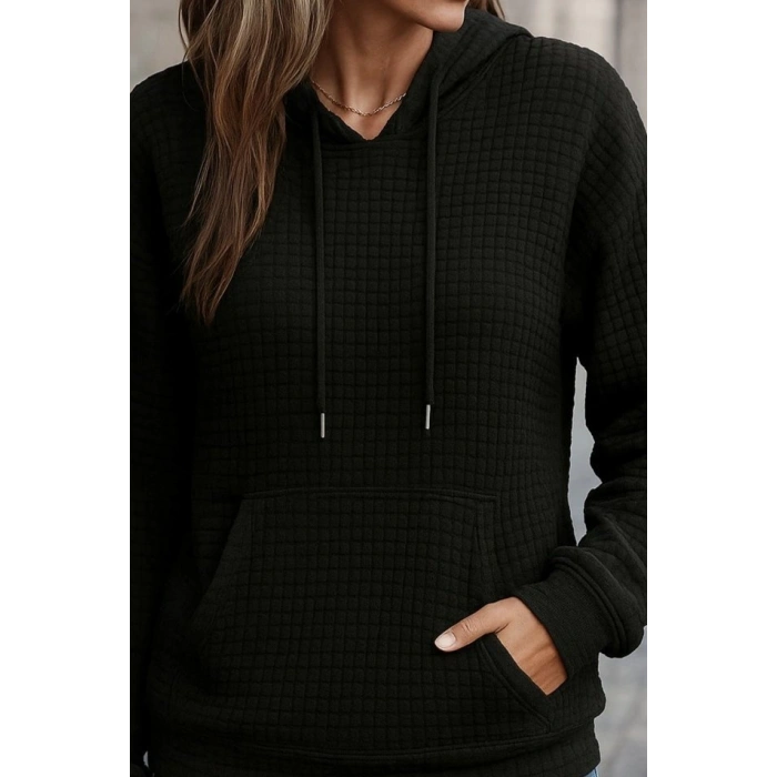 Kadın Uzun Kollu Kapşonlu Bağcıklı Cepli Capitone Sweatshirt