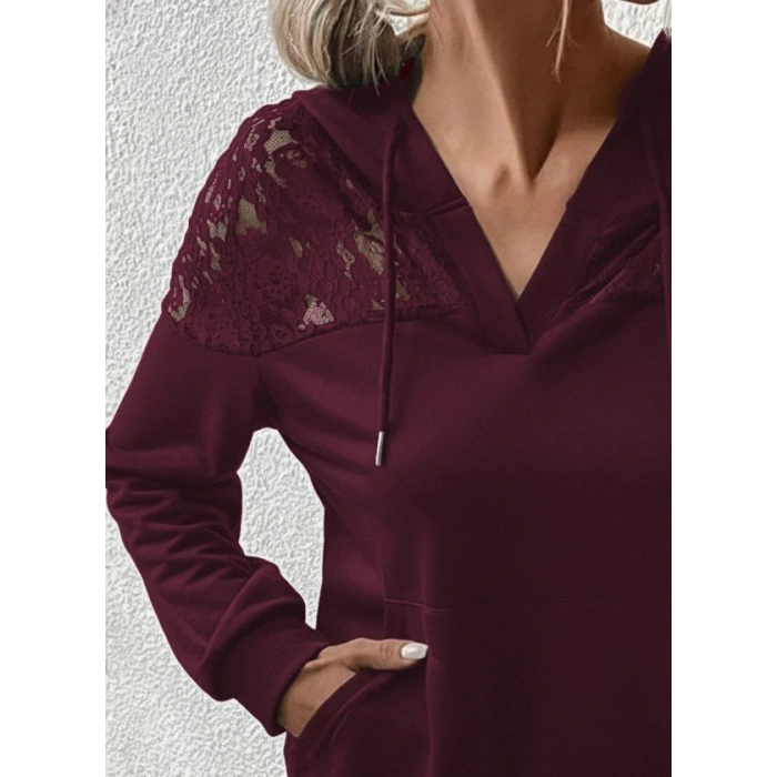Kadın Uzun Kollu Kapşonlu Bağcıklı Dantelli Viskon Iki Iplik Bluz