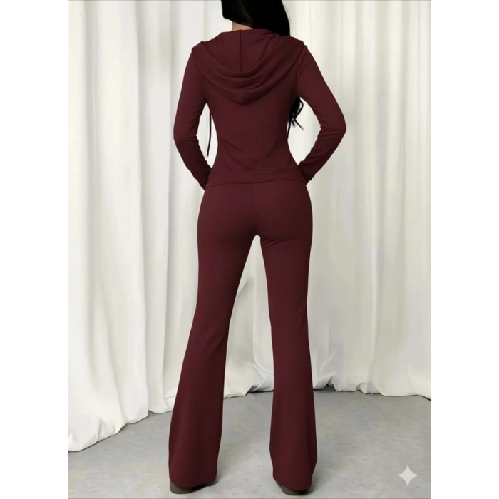 Kadın Uzun Kollu Kapşonlu Bağcıklı önü Fermuarlı Viskon Iki Iplik Bluz Ve Pantolon Ikili Takım