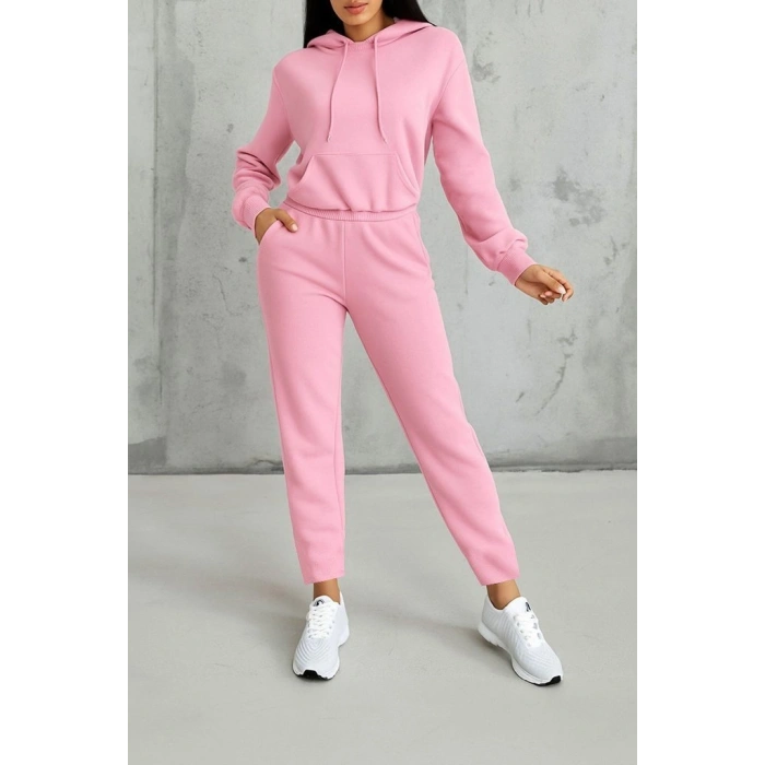 Kadın Uzun Kollu Kapşonlu Bağcıklı üç Iplik Bluz Ve Pantolon Ikili Takım