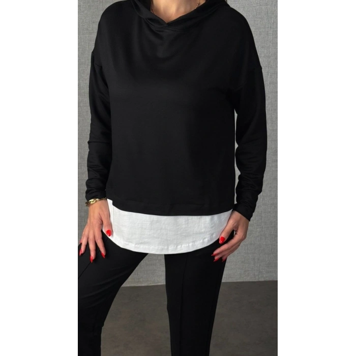 Kadın Uzun Kollu Kapşonlu Bağcıklı Viskon Iki Iplik Bluz Ve Pantolon Ikili Takım