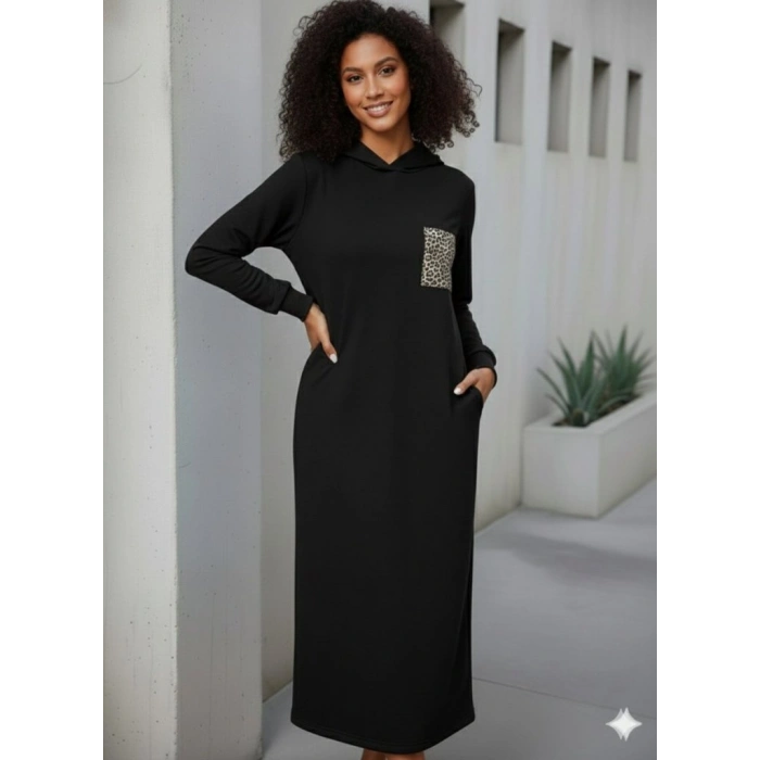 Kadın Uzun Kollu Kapşonlu Cep Detaylı Viskon Iki Iplik Maxi Elbise