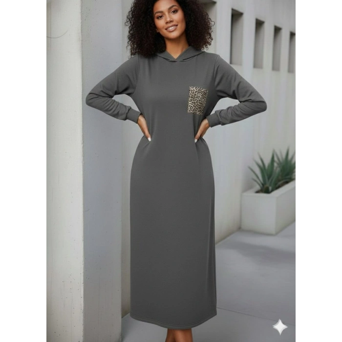 Kadın Uzun Kollu Kapşonlu Cep Detaylı Viskon Iki Iplik Maxi Elbise