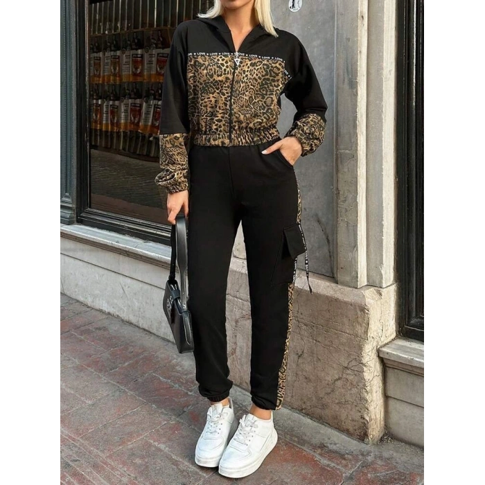 Kadın Uzun Kollu Kapşonlu Leopar Desenli Viskon Iki Iplik Bluz Ve Pantolon Ikili Takım
