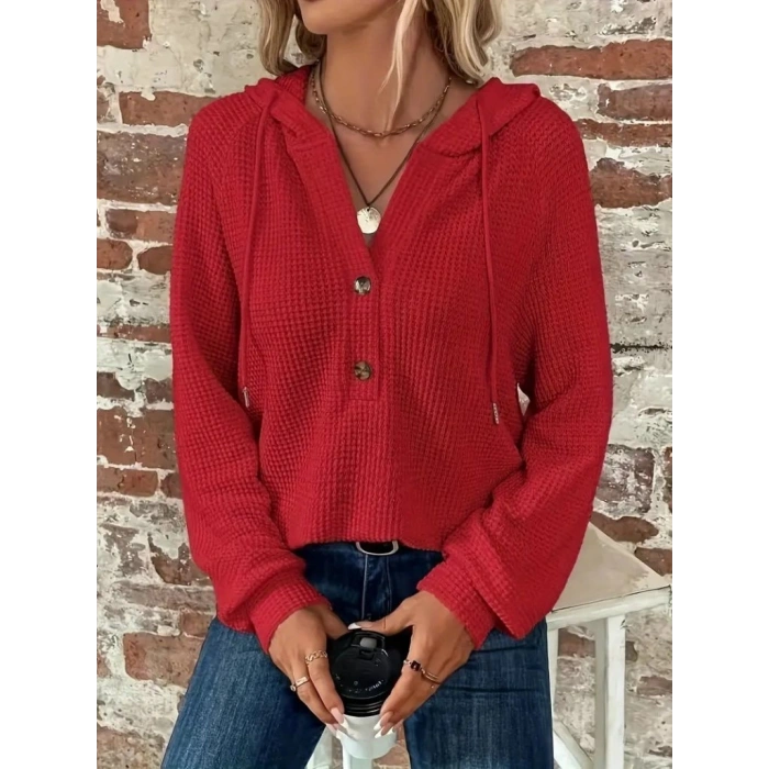 Kadın Uzun Kollu Kapşonlu önü Düğmeli Ve Bağcıklı Waffle Bluz