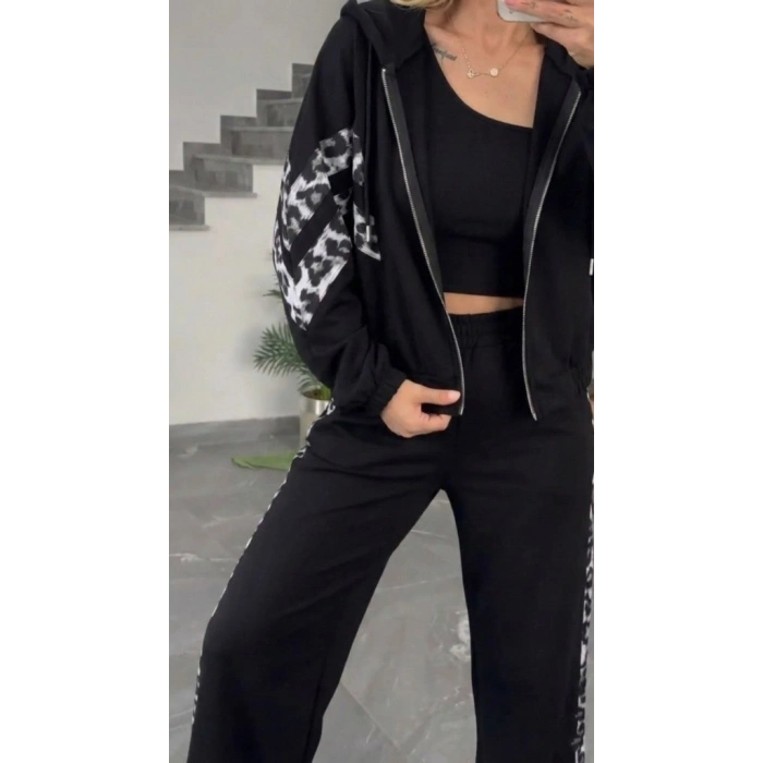 Kadın Uzun Kollu Kapşonlu önü Fermuarlı Leopar Desenli Modal Bluz Ve Pantolon Ikili Takım