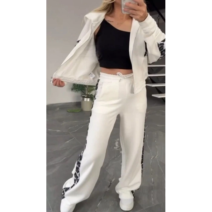 Kadın Uzun Kollu Kapşonlu önü Fermuarlı Leopar Desenli Modal Bluz Ve Pantolon Ikili Takım